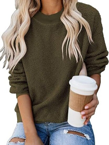 Uqnaivs  Women's Woolen Fleece Pullover Casual Round Neck Long Sleeve Sweater