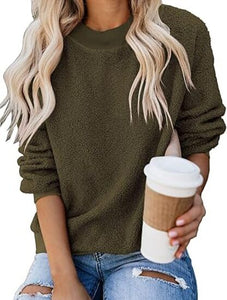 Uqnaivs  Women's Woolen Fleece Pullover Casual Round Neck Long Sleeve Sweater
