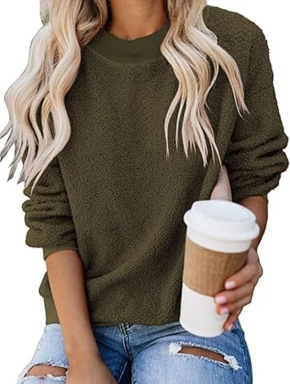 Uqnaivs  Women's Woolen Fleece Pullover Casual Round Neck Long Sleeve Sweater