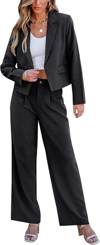 Uqnaivs  Women's Formal 2 Piece Suit Cropped Business Suit Jacket and Casual Wide-leg Suit Pant