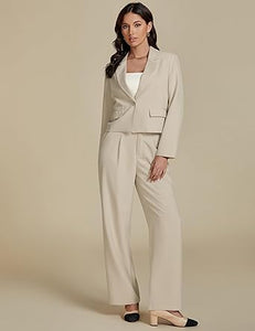 Uqnaivs  Women's Formal 2 Piece Suit Cropped Business Suit Jacket and Casual Wide-leg Suit Pant