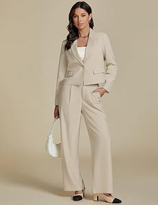 Uqnaivs  Women's Formal 2 Piece Suit Cropped Business Suit Jacket and Casual Wide-leg Suit Pant