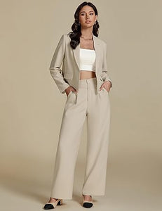 Uqnaivs  Women's Formal 2 Piece Suit Cropped Business Suit Jacket and Casual Wide-leg Suit Pant