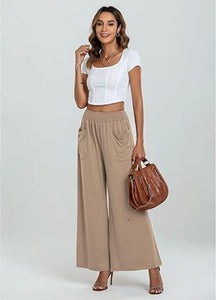 Uqnaivs  Women's High Waist Loose Wide Leg Pants Casual Flared Pants Pleated Elastic Waist Pants