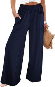 Uqnaivs  Women's High Waist Loose Wide Leg Pants Casual Flared Pants Pleated Elastic Waist Pants