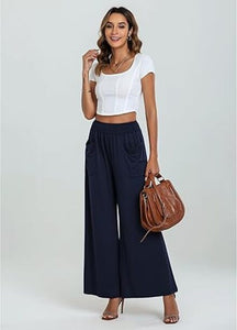 Uqnaivs  Women's High Waist Loose Wide Leg Pants Casual Flared Pants Pleated Elastic Waist Pants