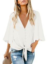 Load image into Gallery viewer, Uqnaivs Womens V Neck Button Down Shirt 3/4 Sleeve Blouses Tie Knot Tops