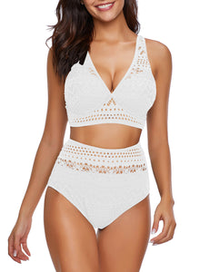 Uqnaivs Women's High Waist Bikini Set Crochet Lace V Neck Two Pieces Swimsuit