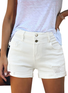 Uqnaivs Womens High Rise Front Buttons Ripped Rolled Hem Casual Denim Jeans Shorts