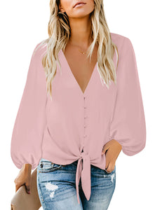 Uqnaivs Womens V Neck Button Down Shirt 3/4 Sleeve Blouses Tie Knot Tops