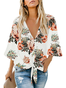 Uqnaivs Womens V Neck Button Down Shirt 3/4 Sleeve Blouses Tie Knot Tops