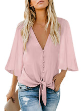 Load image into Gallery viewer, Uqnaivs Womens V Neck Button Down Shirt 3/4 Sleeve Blouses Tie Knot Tops