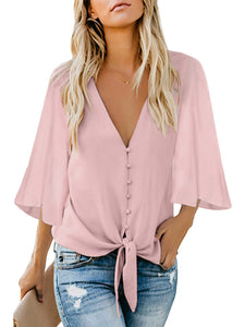 Uqnaivs Womens V Neck Button Down Shirt 3/4 Sleeve Blouses Tie Knot Tops