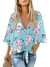 Load image into Gallery viewer, Uqnaivs Womens V Neck Button Down Shirt 3/4 Sleeve Blouses Tie Knot Tops