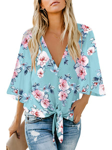 Uqnaivs Womens V Neck Button Down Shirt 3/4 Sleeve Blouses Tie Knot Tops
