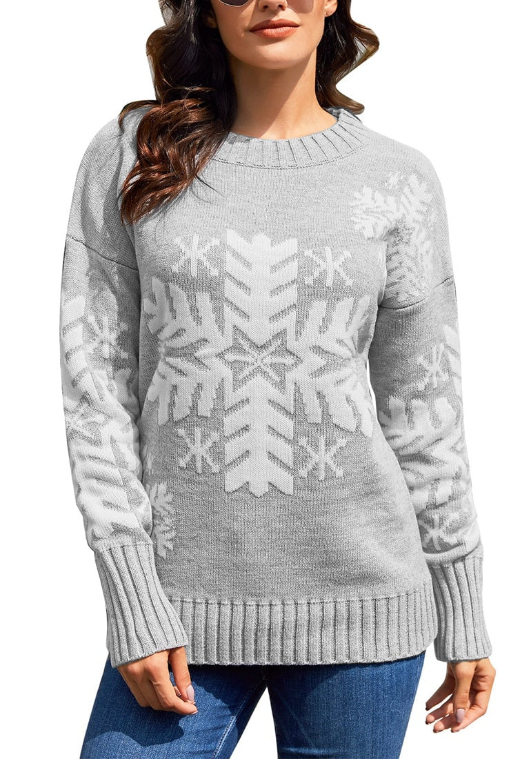 Casual Pullover Sweater Snowflake Long Sleeve Ugly Christmas Rib Knit Tops