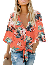 Load image into Gallery viewer, Uqnaivs Womens V Neck Button Down Shirt 3/4 Sleeve Blouses Tie Knot Tops