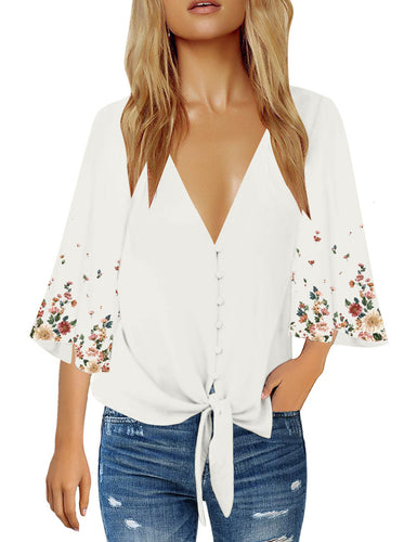 Uqnaivs Womens V Neck Button Down Shirt 3/4 Sleeve Blouses Tie Knot Tops