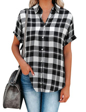Load image into Gallery viewer, Uqnaivs Women&#39;s Classic Short Sleeve Plaid Shirt Button Down Collared Loose Tops