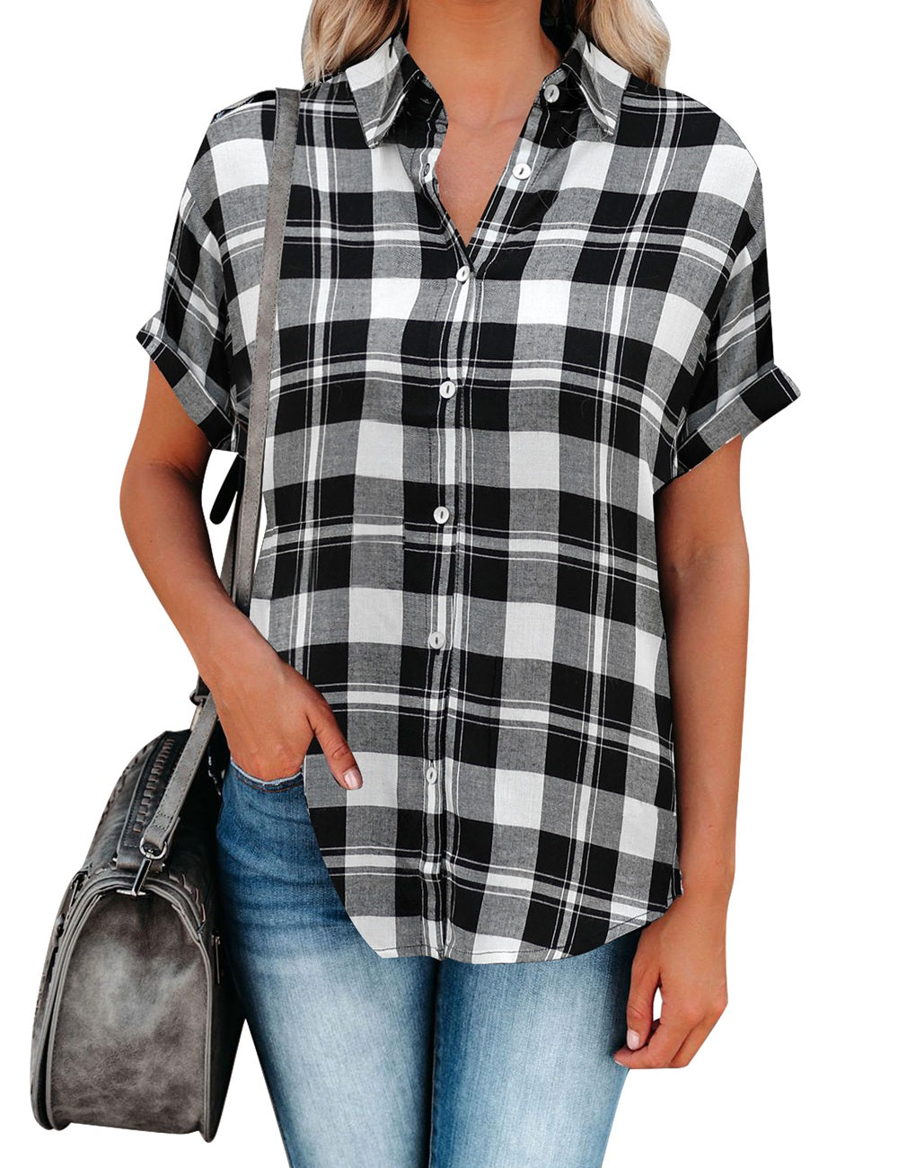 Uqnaivs Women's Classic Short Sleeve Plaid Shirt Button Down Collared Loose Tops