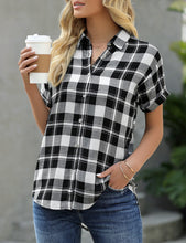 Load image into Gallery viewer, Uqnaivs Women&#39;s Classic Short Sleeve Plaid Shirt Button Down Collared Loose Tops