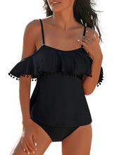 Load image into Gallery viewer, Uqnaivs Women&#39;s Off Shoulder Ruffle Tassel Two Piece Tankini Set Swimwear Swimsuit