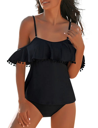 Uqnaivs Women's Off Shoulder Ruffle Tassel Two Piece Tankini Set Swimwear Swimsuit