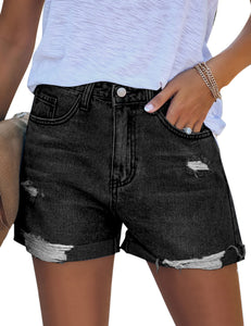 Uqnaivs Women's Casual High Waisted Cuffed Hem Stretchy Ripped Denim Jean Shorts
