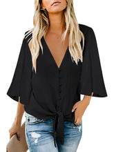 Load image into Gallery viewer, Uqnaivs Womens V Neck Button Down Shirt 3/4 Sleeve Blouses Tie Knot Tops