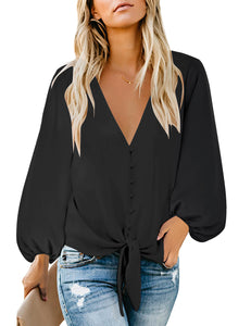 Uqnaivs Womens V Neck Button Down Shirt 3/4 Sleeve Blouses Tie Knot Tops