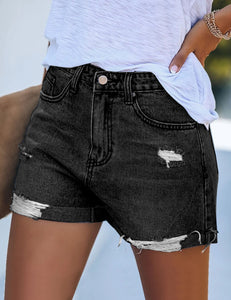 Uqnaivs Women's Casual High Waisted Cuffed Hem Stretchy Ripped Denim Jean Shorts