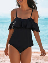 Load image into Gallery viewer, Uqnaivs Women&#39;s Off Shoulder Ruffle Tassel Two Piece Tankini Set Swimwear Swimsuit