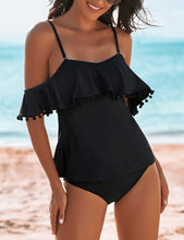 Load image into Gallery viewer, Uqnaivs Women&#39;s Off Shoulder Ruffle Tassel Two Piece Tankini Set Swimwear Swimsuit