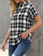 Load image into Gallery viewer, Uqnaivs Women&#39;s Classic Short Sleeve Plaid Shirt Button Down Collared Loose Tops