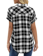 Load image into Gallery viewer, Uqnaivs Women&#39;s Classic Short Sleeve Plaid Shirt Button Down Collared Loose Tops