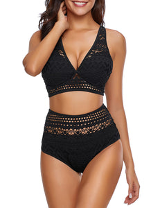 Uqnaivs Women's High Waist Bikini Set Crochet Lace V Neck Two Pieces Swimsuit