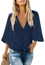 Load image into Gallery viewer, Uqnaivs Womens V Neck Button Down Shirt 3/4 Sleeve Blouses Tie Knot Tops