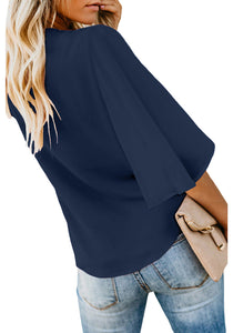 Uqnaivs Womens V Neck Button Down Shirt 3/4 Sleeve Blouses Tie Knot Tops