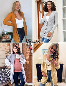 Uqnaivs Womens Open Front Long Sleeves Pocket Button Cable Knit Sweater Cardigan