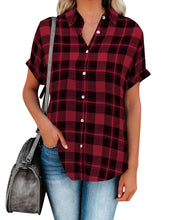 Load image into Gallery viewer, Uqnaivs Women&#39;s Classic Short Sleeve Plaid Shirt Button Down Collared Loose Tops