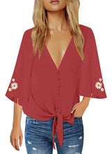 Load image into Gallery viewer, Uqnaivs Womens V Neck Button Down Shirt 3/4 Sleeve Blouses Tie Knot Tops