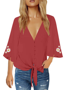 Uqnaivs Womens V Neck Button Down Shirt 3/4 Sleeve Blouses Tie Knot Tops