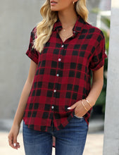 Load image into Gallery viewer, Uqnaivs Women&#39;s Classic Short Sleeve Plaid Shirt Button Down Collared Loose Tops