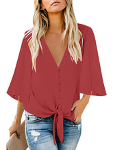 Load image into Gallery viewer, Uqnaivs Womens V Neck Button Down Shirt 3/4 Sleeve Blouses Tie Knot Tops