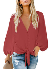 Load image into Gallery viewer, Uqnaivs Womens V Neck Button Down Shirt 3/4 Sleeve Blouses Tie Knot Tops