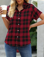 Load image into Gallery viewer, Uqnaivs Women&#39;s Classic Short Sleeve Plaid Shirt Button Down Collared Loose Tops