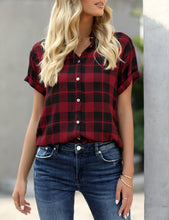 Load image into Gallery viewer, Uqnaivs Women&#39;s Classic Short Sleeve Plaid Shirt Button Down Collared Loose Tops