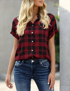 Uqnaivs Women's Classic Short Sleeve Plaid Shirt Button Down Collared Loose Tops