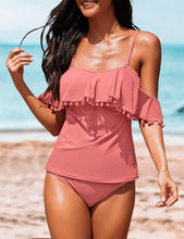 Load image into Gallery viewer, Uqnaivs Women&#39;s Off Shoulder Ruffle Tassel Two Piece Tankini Set Swimwear Swimsuit