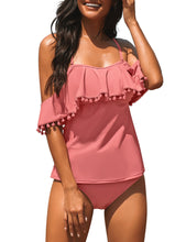 Load image into Gallery viewer, Uqnaivs Women&#39;s Off Shoulder Ruffle Tassel Two Piece Tankini Set Swimwear Swimsuit